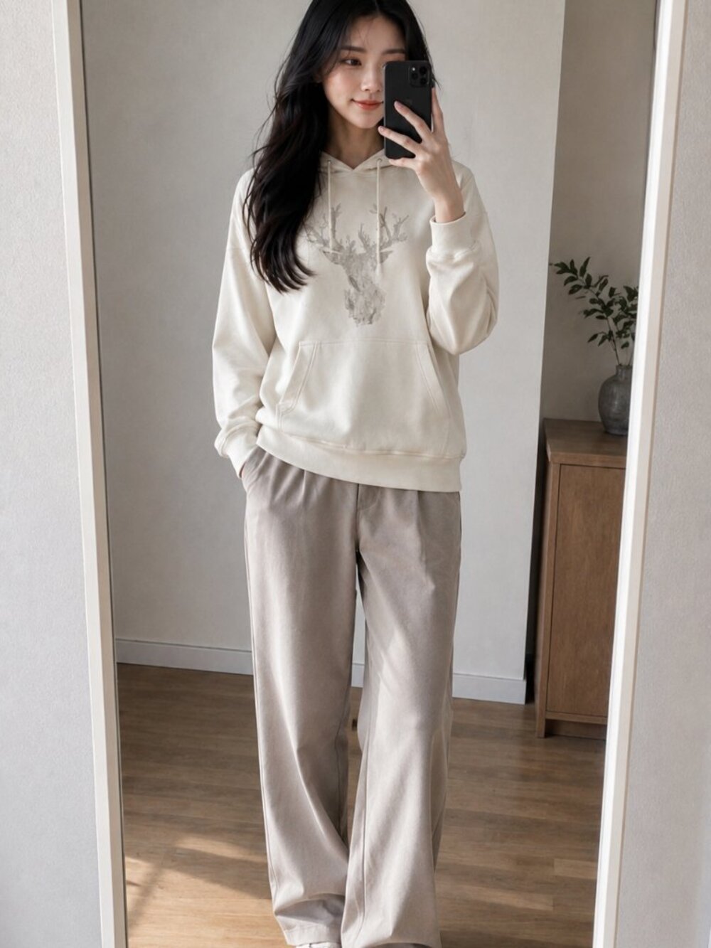 Cream Deer Graphic Hoodie Minimalist Korean Style Relaxed Fit S